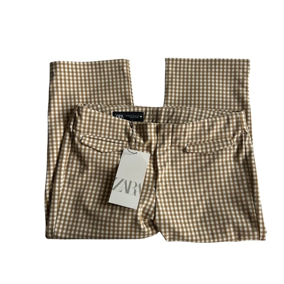 NWT ZARA Gingham Capri Pants Tan & White XS - Picture 1 of 7